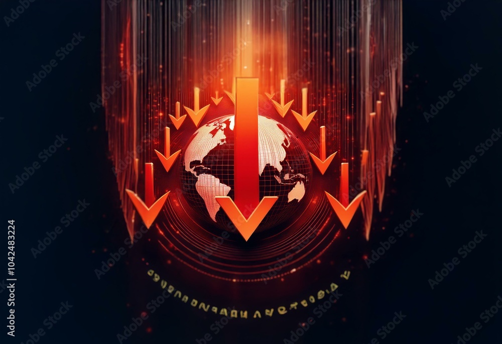 Poster A globe with glowing red arrows pointing downward, set against a dark background.