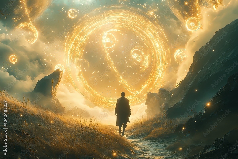 Poster a mysterious figure standing on a path in a fantastical landscape illuminated by glowing celestial s