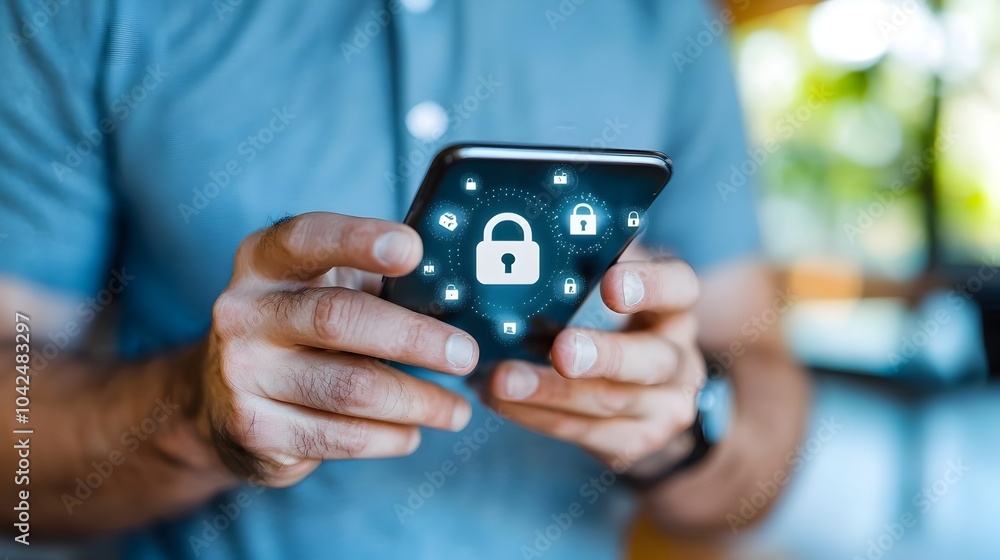 Wall mural man holding smartphone with lock icon on screen representing mobile device security and cyber protec