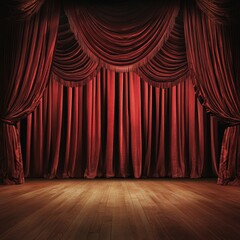 A red velvet curtain with stage and wooden floor.