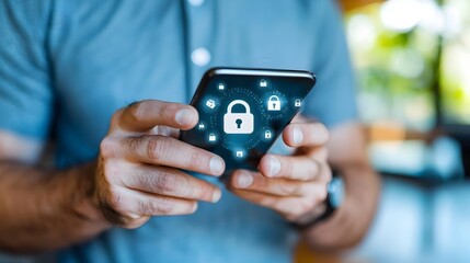 Fototapeta premium Man Holding Smartphone with Lock Icon on Screen Representing Mobile Device Security and Cyber Protection Concept Modern Minimalist Background for Technology Data Privacy and Business Solutions