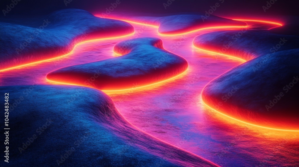 Poster Under a twilight sky, a luminous lava flow snakes through unique blue-hued terrain, creating a captivating and otherworldly atmosphere.
