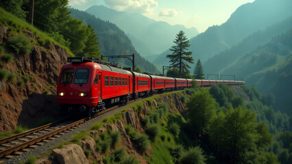 Fototapeta premium Majestic Red Train Journeying Along a Scenic Dirt Hillside Surrounded by Nature