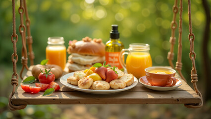 A Delightful Breakfast Displayed on a Retro Metal Swing Bringing Joy to the Morning