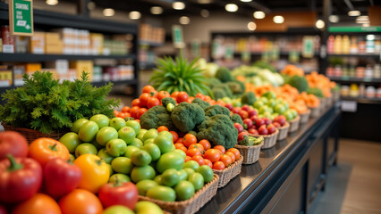 Obraz premium A Vibrant Grocery Store Display Showcasing an Array of Fresh Produce and Healthy Choices