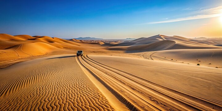 Desert road for buggy and ATV with tire tracks on sand in Arabian desert against clear sky