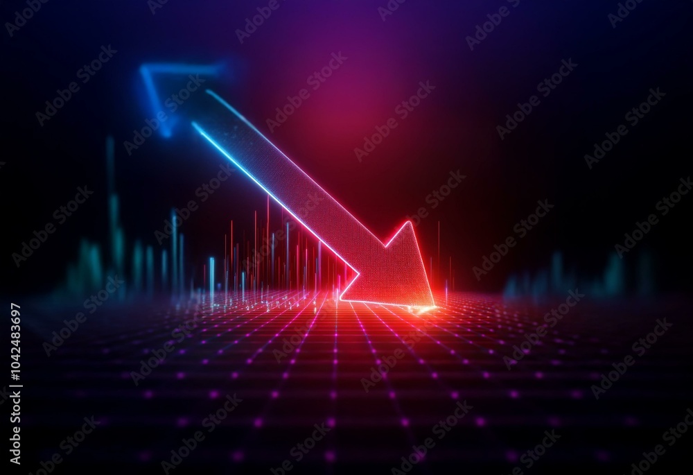 Leinwandbilder a glowing red arrow points down on a dark background, over a grid pattern of blue and red lines.