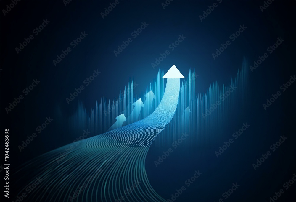 Aufkleber an abstract blue background featuring a white arrow soaring upward over a field of digital lines.