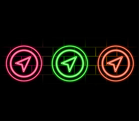 Neon icon set location, navigation. Set of red, blue, yellow neon vector icon