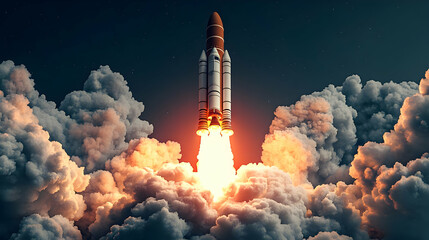 A rocket launching through clouds with fiery exhaust.