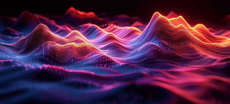 Abstract Digital Landscape Visualization of Colorful Mountain Range with Glowing Lines on Black Background, 3D Rendering, Inspired by Sound Waves, Data Science Concept - Powered by Adobe