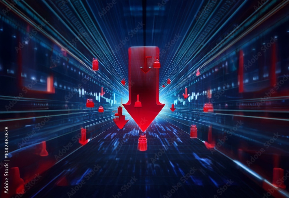Fototapete a large red arrow points downward in a digital space with a blue background and red lights.