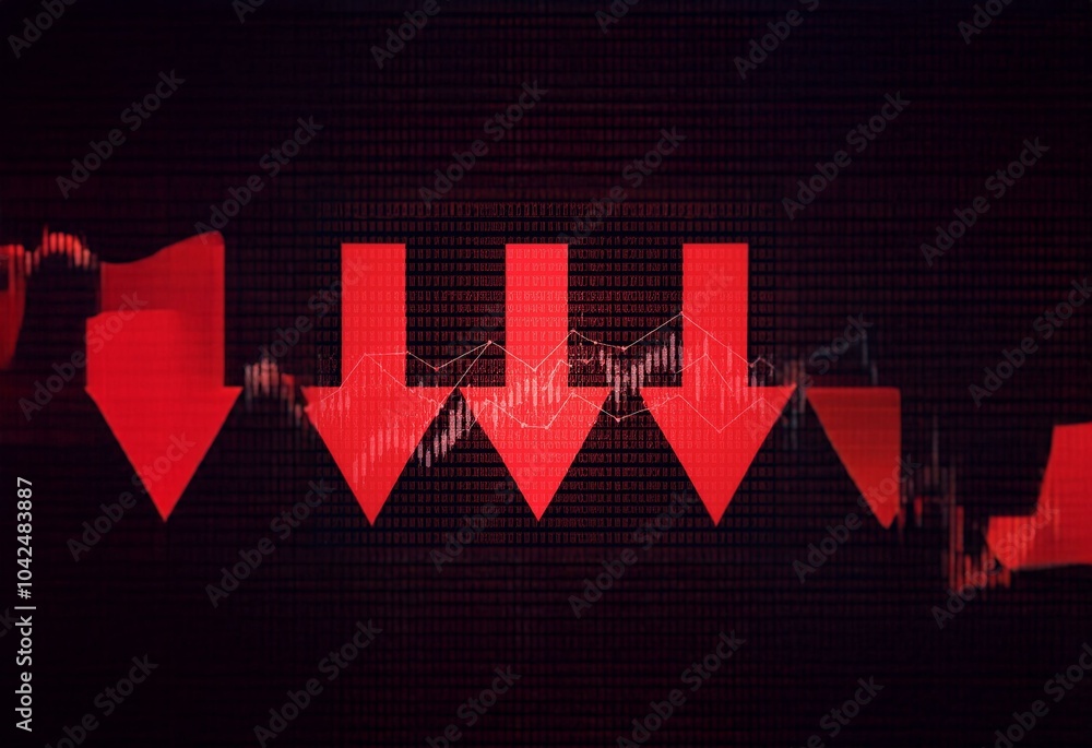 Poster red downward arrows on black background with digital grid and line charts.