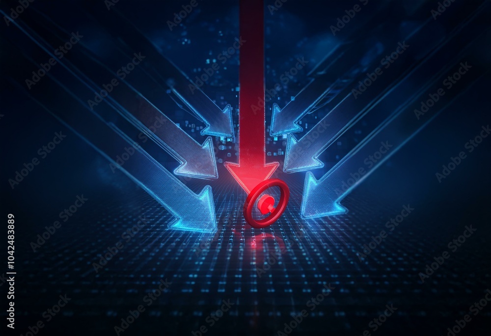 Aufkleber abstract blue and red arrows pointing to a red target on a grid, symbolizing a focus on a single goa