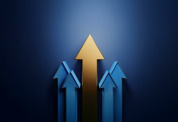 A single gold arrow stands out against a dark blue background, surrounded by three smaller blue arrows.