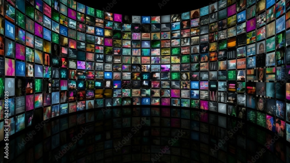 Poster a curved wall with numerous small screens displays various colorful images, creating a digital mosai