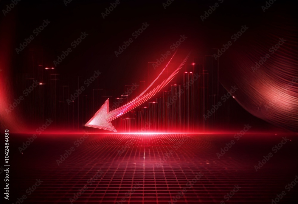 Fototapete red neon arrow pointing down over a red grid with lines of light.