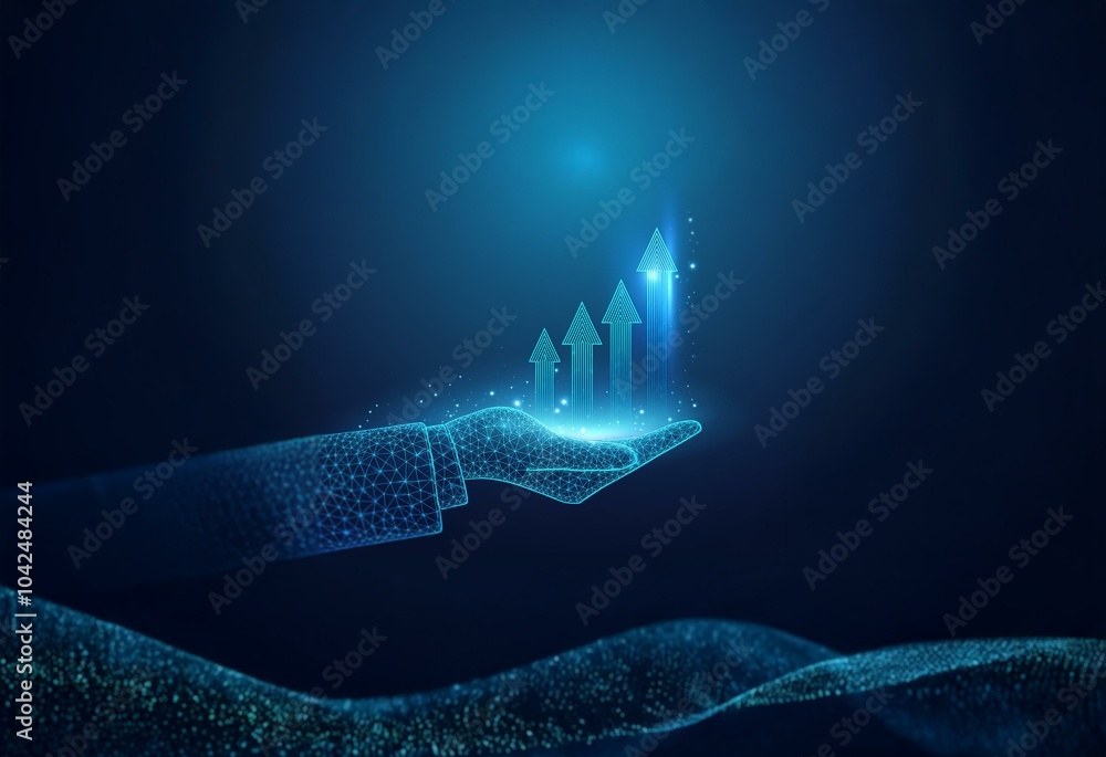 Poster A glowing hand with connected lines holds an upwards pointing arrow made from glowing lines.