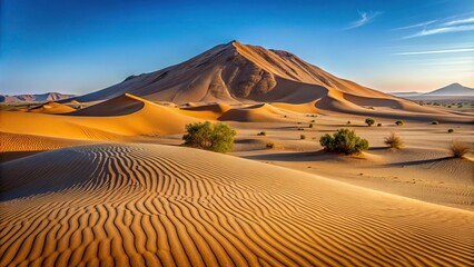 Desert scenery with a large sand dune hill in the distance