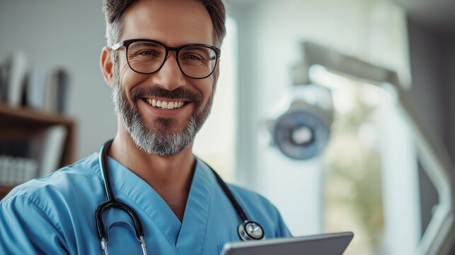 M&eacute;dico sorridente usando tablet em consult&oacute;rio moderno e iluminado.