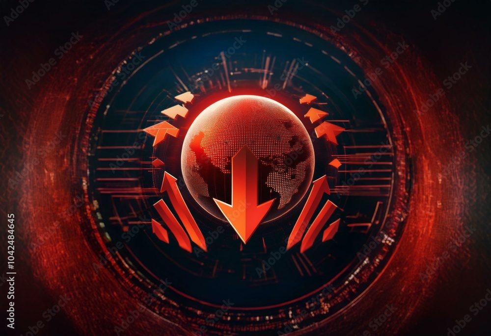 Fototapete a glowing red globe with a large down arrow surrounded by smaller up arrows, within a circular, text