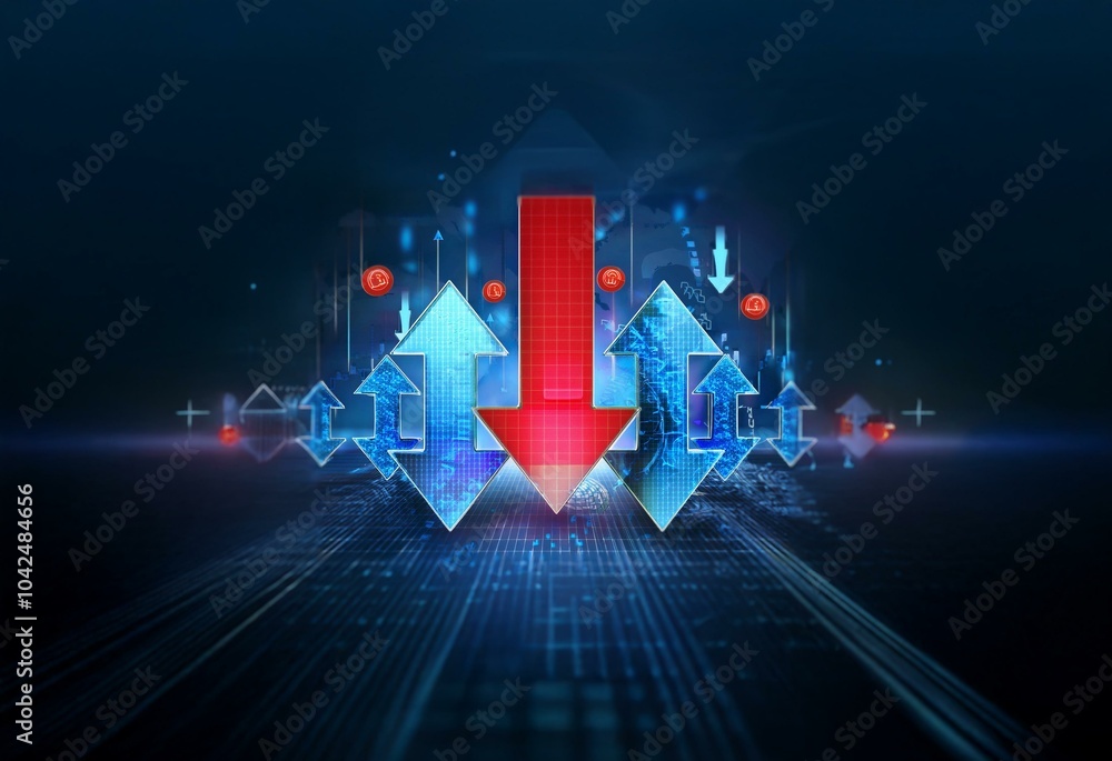 Poster digital background with multiple large blue arrows pointing upwards and one large red arrow pointing