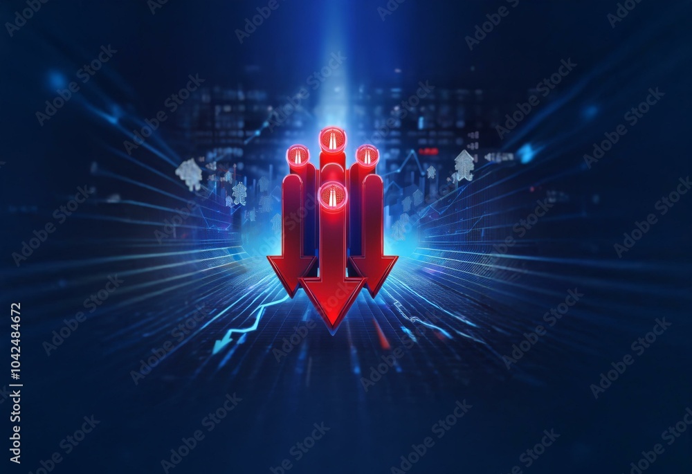 Fototapete red arrows pointing down on a digital blue background with grid lines and glowing lights.