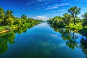 Obraz premium Deserted Bug river with blue slow water and green trees on horizon, wide-angle view