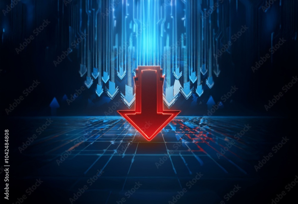 Poster A large red arrow points down in the foreground, while numerous smaller blue arrows point down in the background, all against a dark blue background.