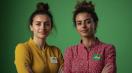 Both activists wear badges promoting gender rights.