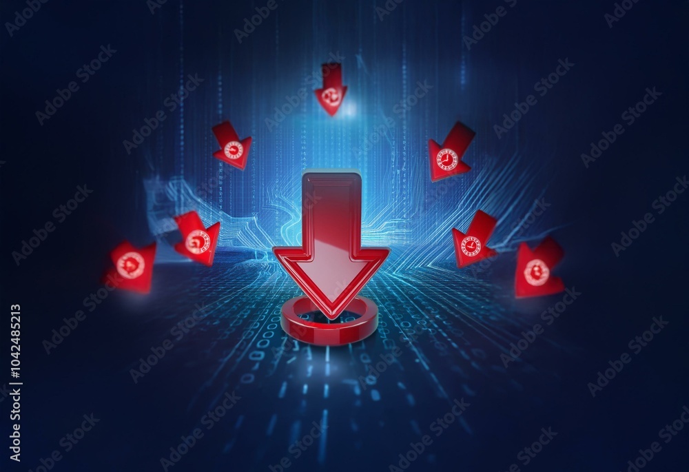 Leinwandbilder a large red arrow points down with other red arrows surrounding it on a blue digital background.