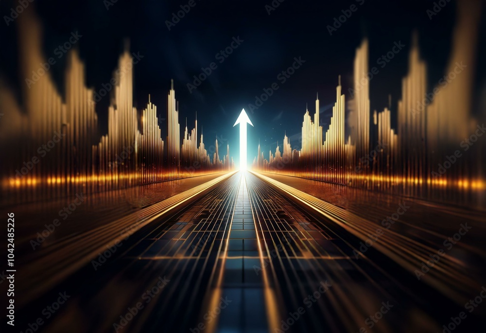 Poster A glowing white arrow rises through a dark space with vertical golden bars on each side and a gridded path leading toward it.