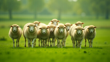 Tranquil Rural Scene: A Picturesque Herd of Sheep Walking Gracefully on Green Pasture