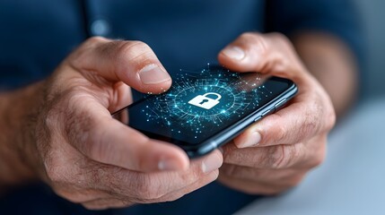 Close up of a man s hand holding a modern smartphone with a digital lock icon displayed on the screen symbolizing encryption cybersecurity