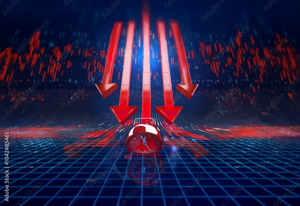 Leinwandbilder red arrows point down with a clock in the center against a grid background.
