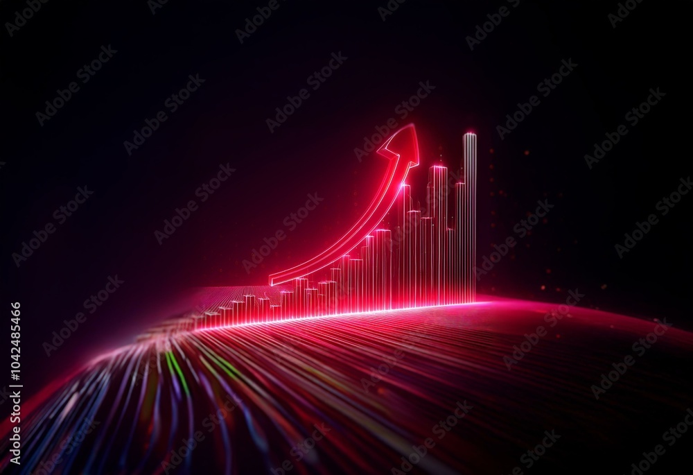 Aufkleber a red arrow pointing upward is superimposed on a glowing bar graph, representing a positive trend in