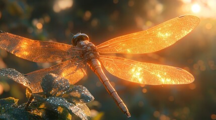 A dragonfly with iridescent wings perches on a plant, bathed in the warm glow of the setting sun.