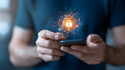 A man holding a smartphone with a glowing digital lock icon on the screen representing the concept of cybersecurity and the importance of privacy protection in the digital age