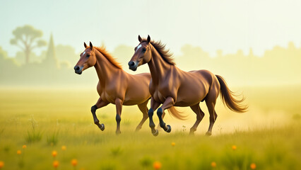 Fototapeta premium A Couple of Horses Galloping Freely Across an Expansive Field Surrounded by Vibrant Grasses and Wildflowers