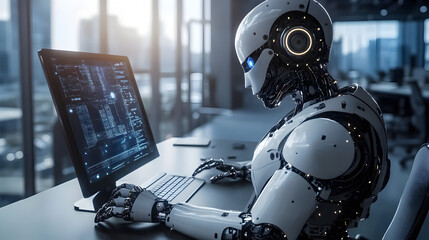 un robot futurista trabajando en una oficina usando una computadora digital tecnologia futurista en una empresa