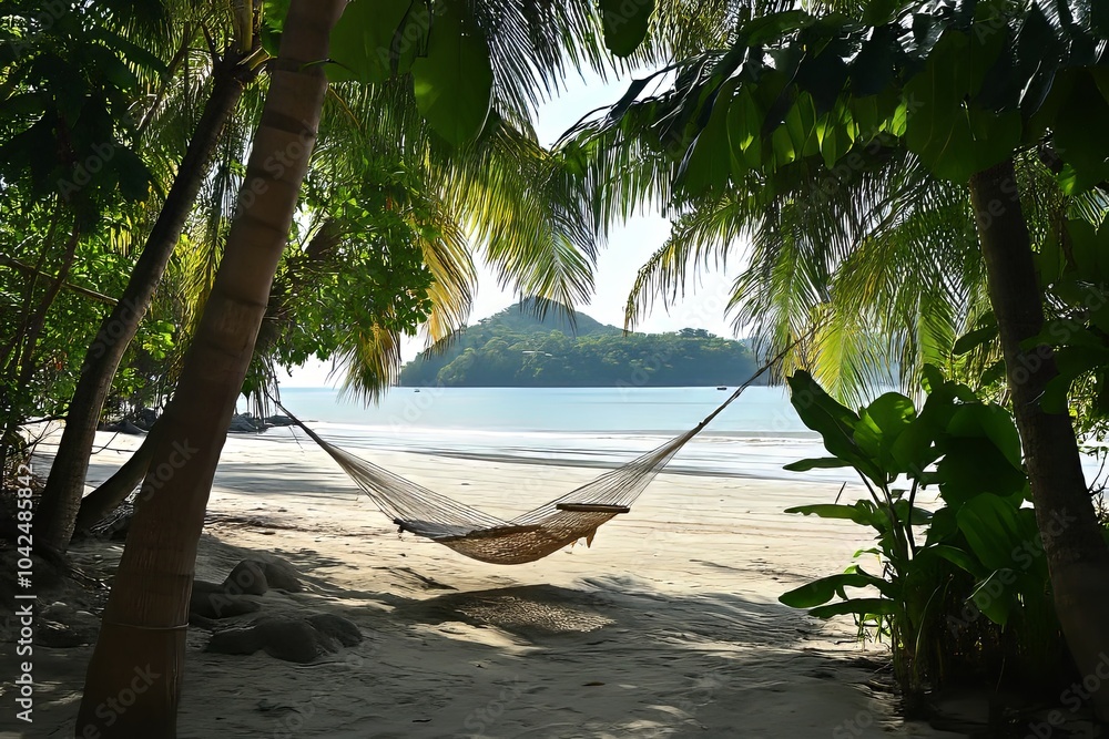 Poster relaxing hammock set between palm trees on a tranquil beach with gentle waves and distant hills duri