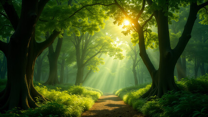 Obraz premium A Tranquil Escape: A Breathtaking View of a Dense Forest Filled with Majestic Large Trees and Filtering Sunlight