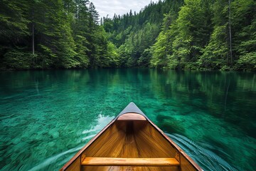 Fototapeta premium Canoeing on crystal clear waters surrounded by lush green forests in a serene location on a calm day. Generative AI