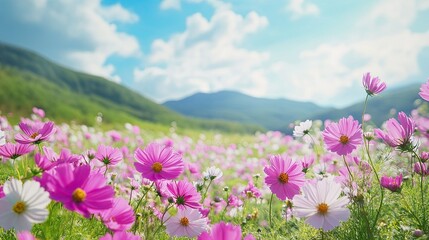 Vibrant Cosmos Flowers in a Scenic Nature Landscape