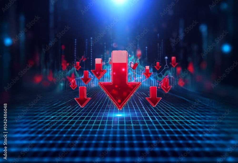 Fototapete red arrow icons falling against a dark blue background with a grid. the background is blurred, with 