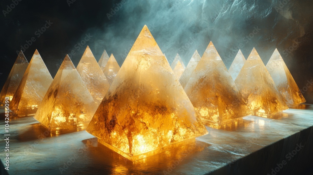 Leinwandbilder A cluster of glowing golden pyramids emerges from a misty environment, casting an ethereal light. The scene evokes a sense of wonder and mystery, captivating the viewer's imagination.