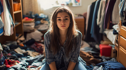 Fototapeta premium una mujer en medio del caos encima de un cuarto desordenado con ropa tirada y las cosas fuera de su lugar mujer estresada por la situacion