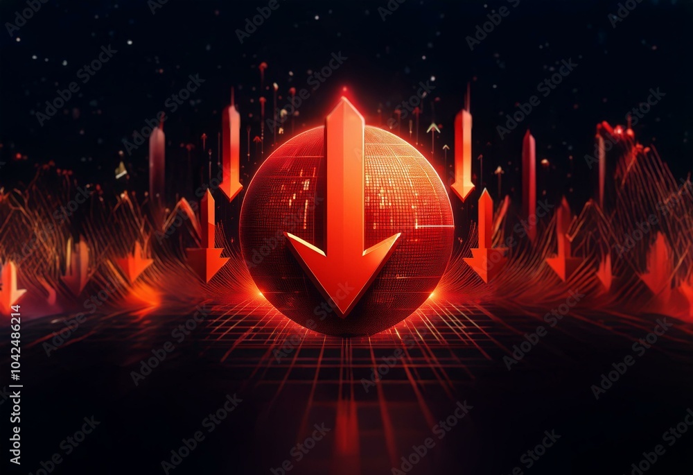 Aufkleber a glowing red arrow points down, surrounded by a field of similar arrows, set against a dark, grid-l
