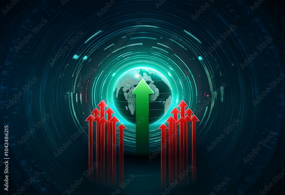 Poster a green arrow points upward in front of a glowing blue globe, while a cluster of red arrows point up