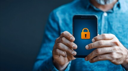Fototapeta premium Cybersecurity Concept Banner Featuring a Mobile Phone with Lock Symbol Representing Secure Access to Digital Data and Information Illustrating the Importance of Online Security and Protection